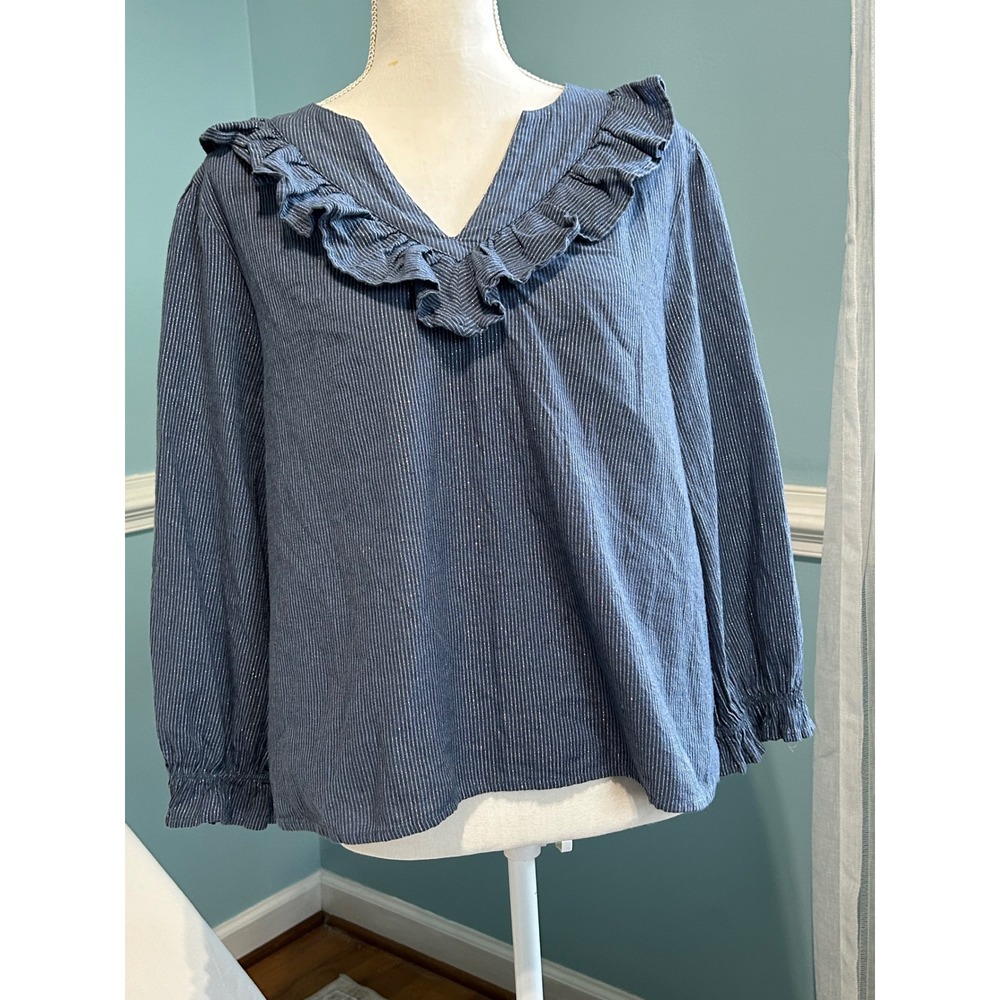 ana a new approach Blue Metallic Pinstripe Ruffle linen cotton blouse large